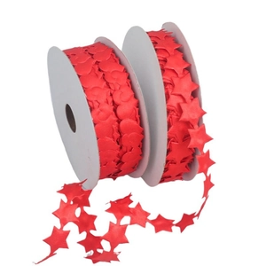 Red polyester ribbon roll with heart and star patterns for gift wrapping and DIY crafts