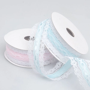 Two rolls of 3cm hollow lace ribbons in pink and blue for gift packaging and DIY crafts