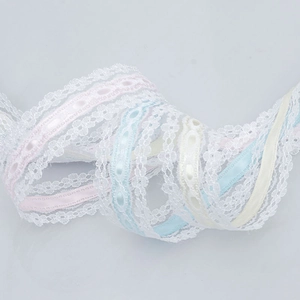 Lace ribbon trim in pink, blue and cream for gift wrapping and DIY crafts