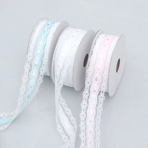 Close-up of 3cm lace ribbons in blue, white, and pink for gift wrapping and flower bows