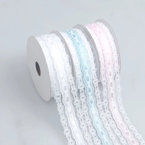 Detailed close-up of 3cm hollow out lace ribbons in white, blue, and pink for gift wrapping