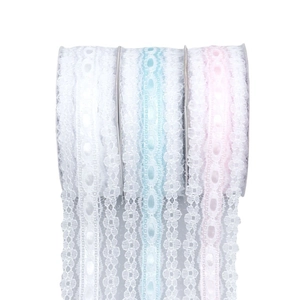 3cm hollow lace ribbons in white, blue, and pink for gift wrapping and DIY crafts