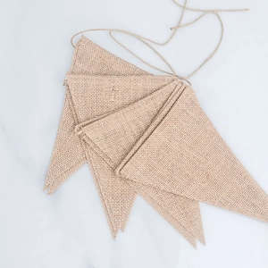 Natural burlap pennant banner with rustic triangle flags for wedding and party decor