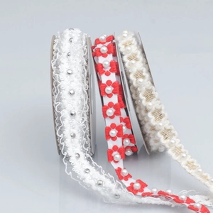 Three assorted styles of embroidered plum blossom and pearl beaded lace ribbons for DIY decor