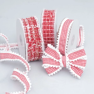 Red White Tweed Ribbon Gold Metallic Thread Sequin Plaid Pom Pom Edge Webbing For Gift Wrapping DIY Hair Accessories Christmas Decor