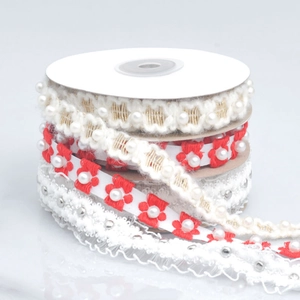 Embroidered Plum Blossom Artificial Pearl Beaded Ribbon For DIY Hair Accessories Baking Bouquet Gift Wrapping Lace Trim Ribbon