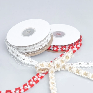 Embroidered plum blossom ribbon with beads and faux pearls for DIY gift wrapping