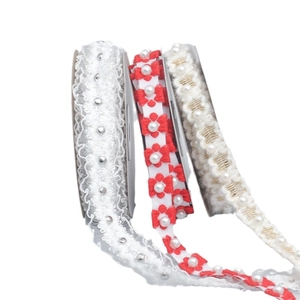 Embroidered plum blossom lace ribbon with pearls and metallic studs for DIY bows
