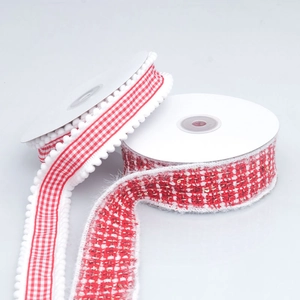 Red tweed and plaid ribbon rolls with white fringe for DIY crafts and hair accessories
