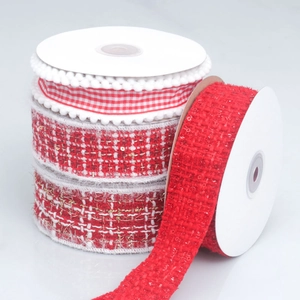 Red and white tweed ribbon rolls with fringe and gold thread for DIY hair accessories