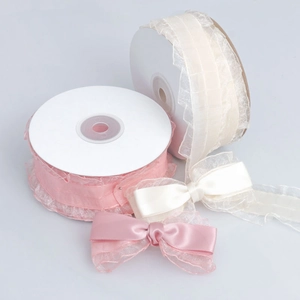 Ruban en organza à volants rose et blanc cassé pour décorations et nœuds de mariage