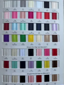 Detailed color chart for ribbed satin ribbons showing numbered shades and metallic edges