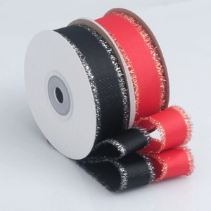 Black and red grosgrain ribbons with metallic glitter edges for gift wrapping and hair bows