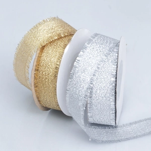 Frayed edge metallic glitter ribbon in gold and silver for gift wrapping and hair decor