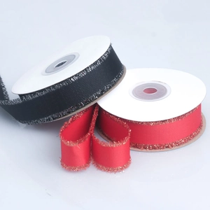 Red and black velvet ribbon with gold and silver glitter edges for gift wrapping