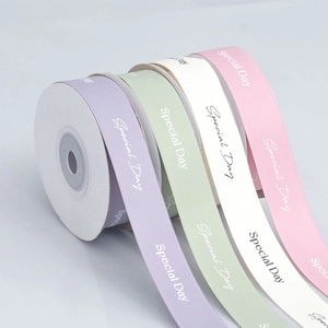 Polyester satin ribbon set with Special Day print in macaron purple green white and pink