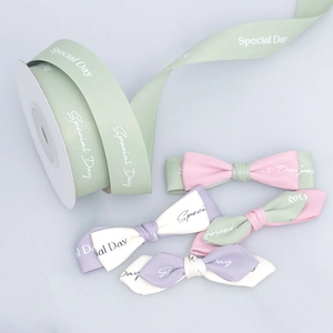 Close-up of pastel satin ribbons and bows featuring white Special Day printed text