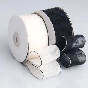 Sheer chiffon fringe ribbon in black and white rolls for DIY crafts and gift wrapping