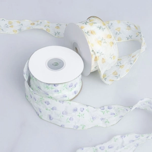 Pastoral floral chiffon ribbons in yellow and purple with gold metallic edges