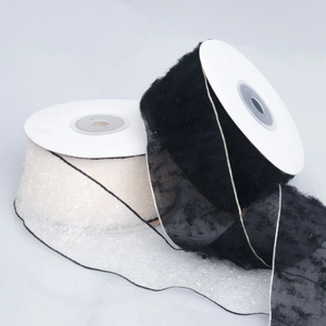 Close-up of sheer plush fringe ribbons with contrasting stitched edges for DIY crafts