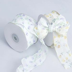 Pastoral pleated floral organza ribbon with purple and yellow tulip prints for gift wrapping