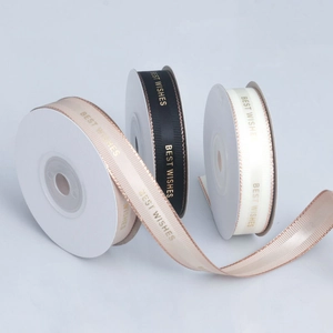 Detail of 1.5cm ribbed ribbon with gold foil Best Wishes print for gift wrapping