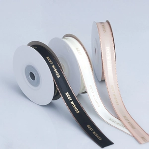Grosgrain ribbons with gold edge and Best Wishes print for gift packaging and DIY crafts