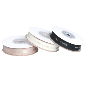 Three rolls of 1.5cm ribbed ribbons with gold Best Wishes print for gift packaging