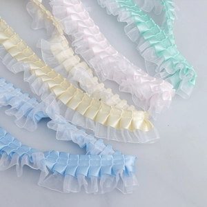 Detailed macro view of 4cm multi-color ruffled ribbon with pleated satin and organza lace