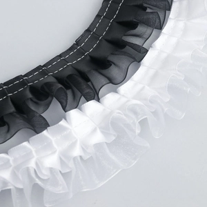 Detail of 4cm pleated ruffled polyester lace trim in black and white for DIY crafts