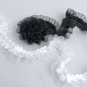 Detail of 4cm pleated organza ruffle trim in black and white for DIY bridal sewing