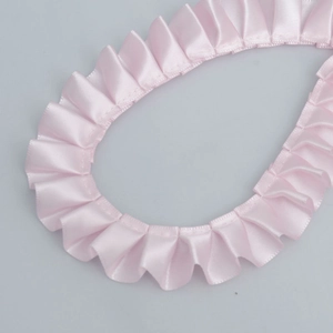 Pink pleated satin ribbon trim with smooth texture for garment sewing and DIY crafts