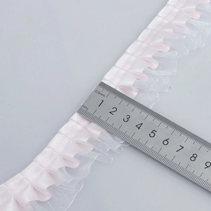 Pink 4cm ruffled polyester ribbon trim with sheer organza layers for DIY sewing crafts