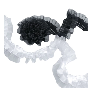 Black and white pleated organza ruffled lace trim for DIY sewing and dress making