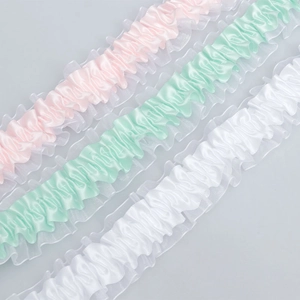 Detail of 4cm wide elastic ruffle trim in pink, mint green and white for DIY sewing