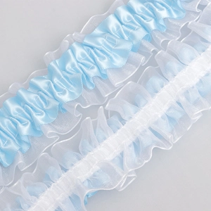 4cm elastic ruffle trim lace for garments and curtains in blue satin and white organza