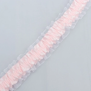 Detailed macro view of 4cm wide pink pleated satin ribbon with white organza lace trim edges