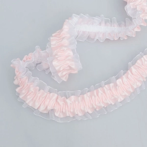 Pink elastic ruffle trim with organza lace for DIY garment and curtain decoration