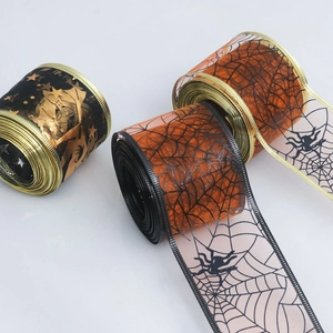 Halloween wired ribbon set with pumpkin spider web and ghost patterns for decor