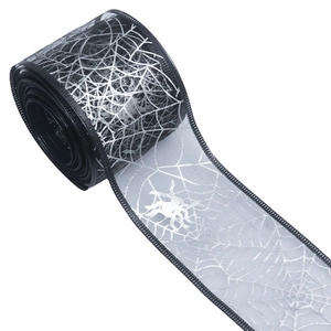 Halloween wired mesh ribbon with glittery silver spider web pattern on black fabric