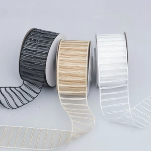 Semi-transparent mesh ribbon with metallic silver stripes for DIY crafts and gift wrapping