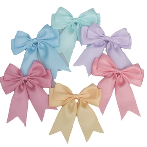 Set of six 12cm double-layered polyester satin ribbon bows with long swallowtails in pastels