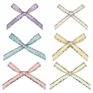 Assorted mini 3mm satin ribbon bows with gold edges in purple, white, blue and pink
