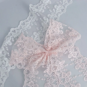 Exquisite 13cm embroidered floral lace trim in white and pink for Lolita wedding dresses