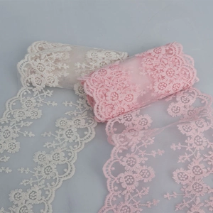 Detail of 13cm embroidered floral lace trim with scalloped edges for wedding dress and DIY sewing