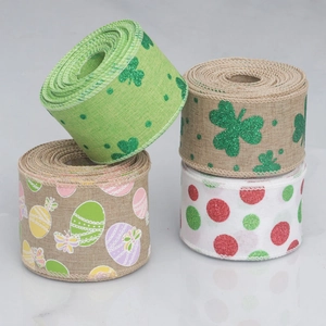 Close-up of Easter and St. Patrick's ribbons with shamrock and egg patterns