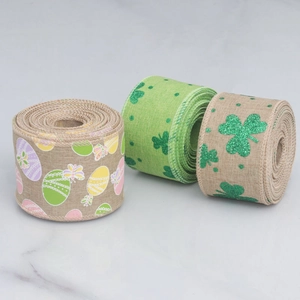 Close-up of Easter eggs and St. Patrick's clover patterns on wired burlap ribbons
