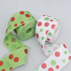 Green and white polka dot wired ribbons with glitter for Easter gift wrapping decor
