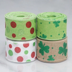 Set of 4 festive burlap ribbons with glitter clover and polka dots for Easter decor
