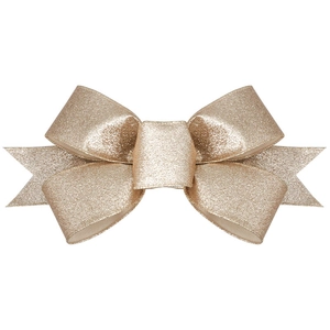 Detailed view of the champagne gold glitter texture on a festive Christmas bow ornament